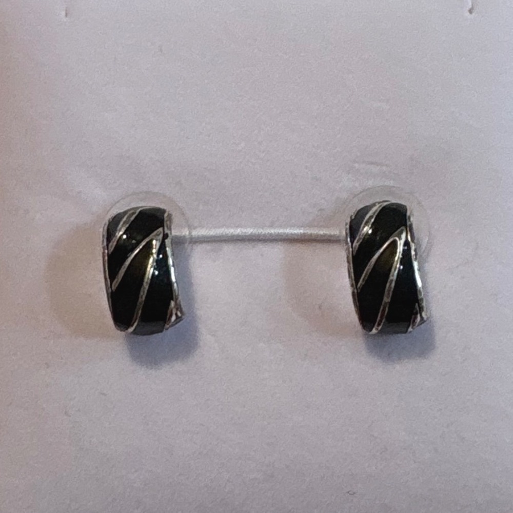 1980s‎ Black Enamel Silver Tone Striped Half Hoop J-Hoop Stud Earrings